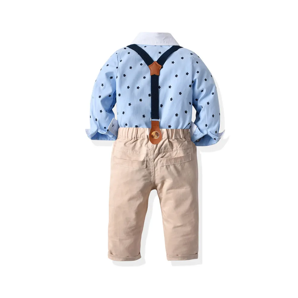 2 Pieces Set Baby Boys Birthday Party Star Bow Print Rompers And Solid Color Jumpsuits Wholesale 211109320