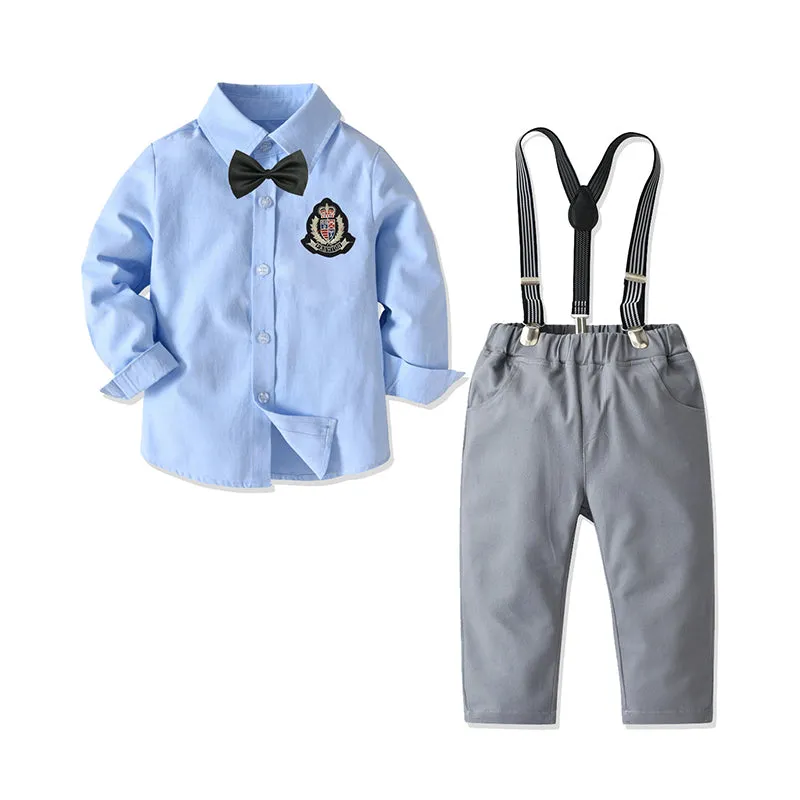 2 Pieces Set Baby Kid Boys Birthday Party Bow Embroidered Shirts And Solid Color Jumpsuits Wholesale 21110929