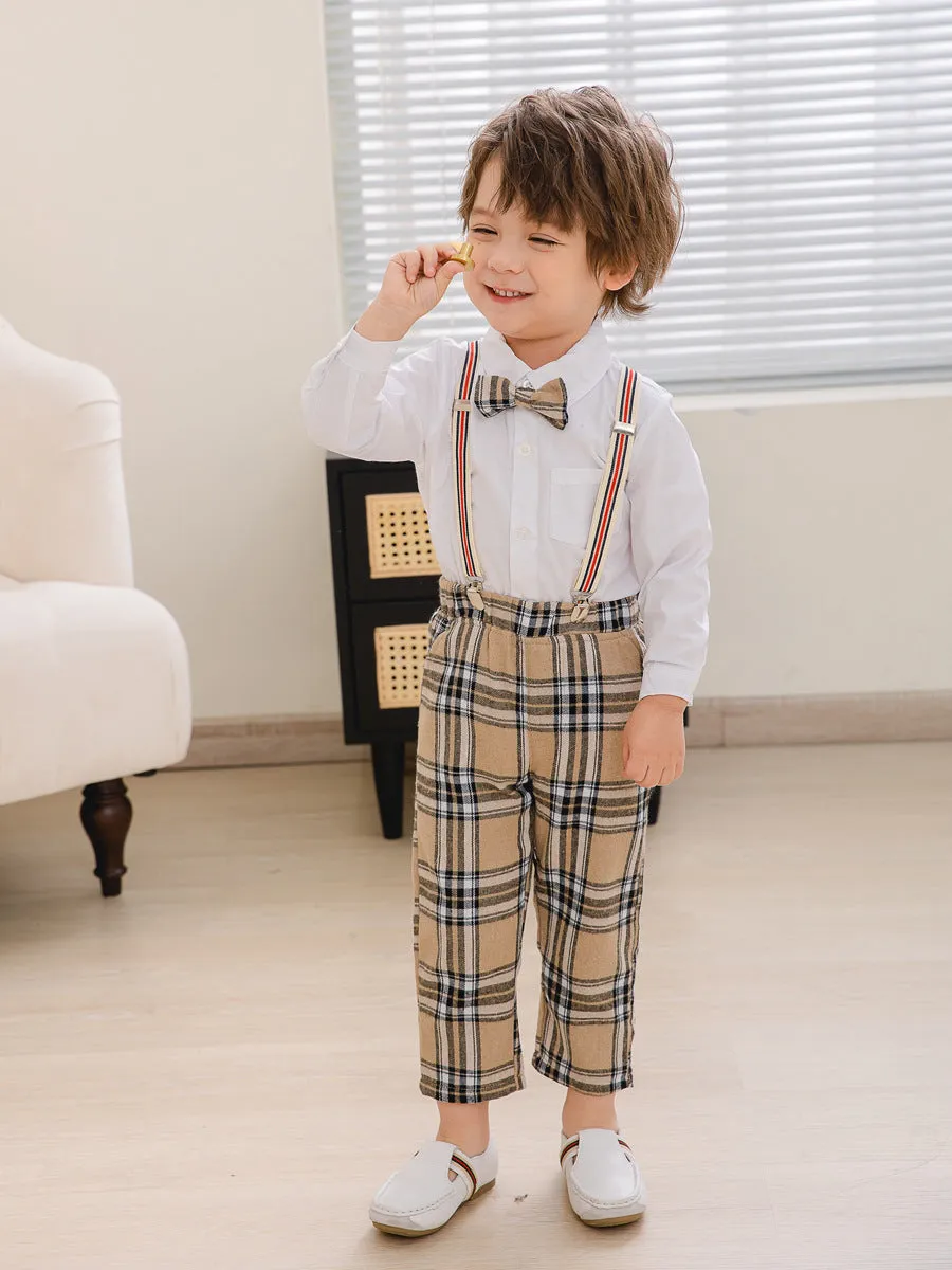 2 Pieces Set Baby Kid Boys Birthday Party Bow Shirts And Checked Jumpsuits Wholesale 221216210