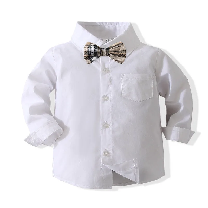 2 Pieces Set Baby Kid Boys Birthday Party Bow Shirts And Checked Jumpsuits Wholesale 221216210