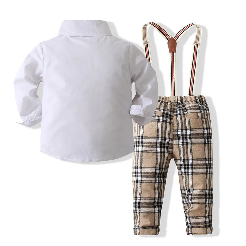 2 Pieces Set Baby Kid Boys Birthday Party Bow Shirts And Checked Jumpsuits Wholesale 221216210