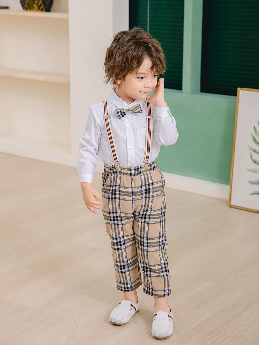 2 Pieces Set Baby Kid Boys Birthday Party Bow Shirts And Checked Jumpsuits Wholesale 221216210
