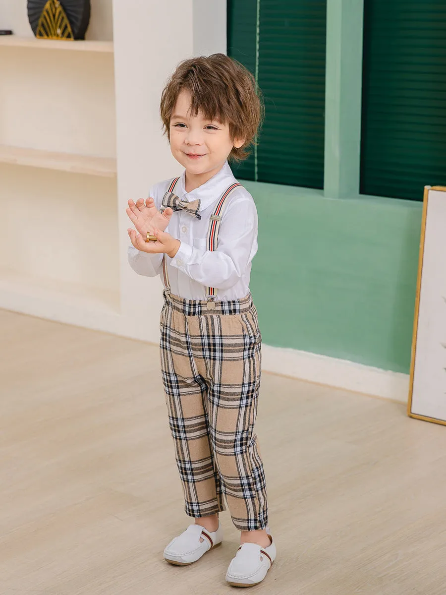 2 Pieces Set Baby Kid Boys Birthday Party Bow Shirts And Checked Jumpsuits Wholesale 221216210