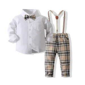 2 Pieces Set Baby Kid Boys Birthday Party Bow Shirts And Checked Jumpsuits Wholesale 221216210