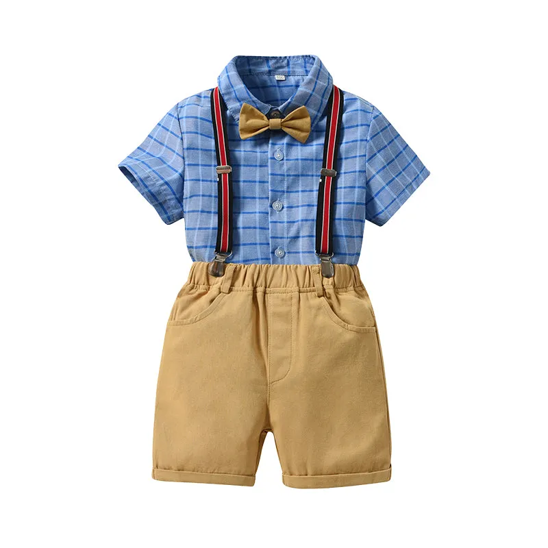 2 Pieces Set Baby Kid Boys Birthday Party Checked Bow Shirts And Solid Color Rompers Wholesale 230105794