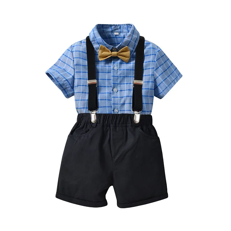 2 Pieces Set Baby Kid Boys Birthday Party Checked Bow Shirts And Solid Color Rompers Wholesale 230105794