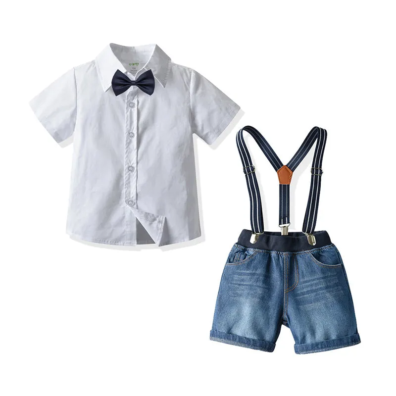 2 Pieces Set Baby Kid Boys Birthday Party Solid Color Bow Shirts And Striped Rompers Wholesale 21110985