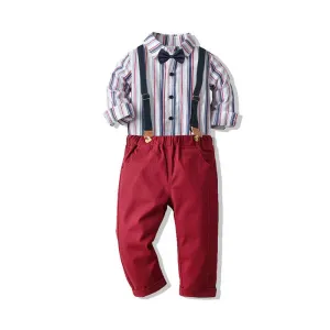 2 Pieces Set Baby Kid Boys Birthday Party Striped Bow And Solid Color Jumpsuits Wholesale 211109475