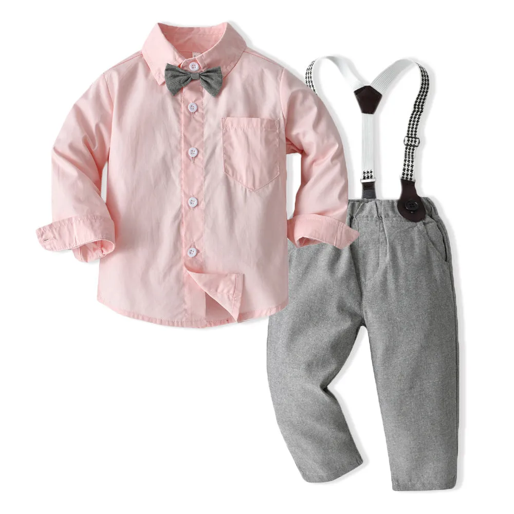 2 Pieces Set Baby Kid Boys Dressy Birthday Party Solid Color Flower Bow Print Shirts And Jumpsuits Wholesale 220526276