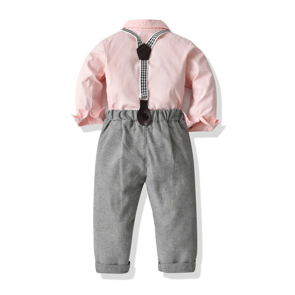 2 Pieces Set Baby Kid Boys Dressy Birthday Party Solid Color Flower Bow Print Shirts And Jumpsuits Wholesale 220526276
