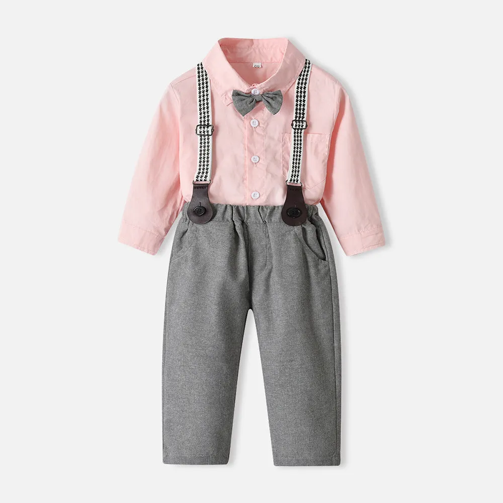 2 Pieces Set Baby Kid Boys Dressy Birthday Party Solid Color Flower Bow Print Shirts And Jumpsuits Wholesale 220526276
