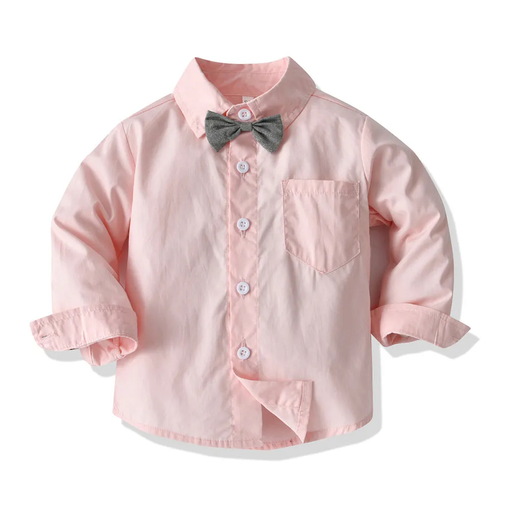 2 Pieces Set Baby Kid Boys Dressy Birthday Party Solid Color Flower Bow Print Shirts And Jumpsuits Wholesale 220526276