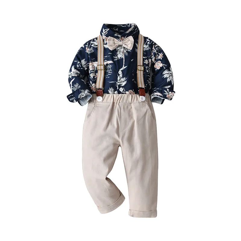 2 Pieces Set Baby Kid Boys Dressy Birthday Party Solid Color Flower Bow Print Shirts And Jumpsuits Wholesale 220526276