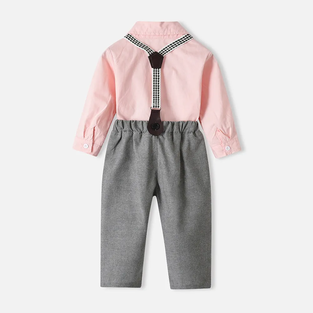 2 Pieces Set Baby Kid Boys Dressy Birthday Party Solid Color Flower Bow Print Shirts And Jumpsuits Wholesale 220526276