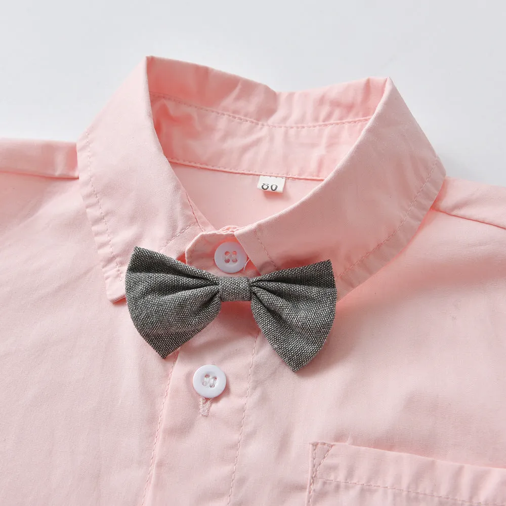 2 Pieces Set Baby Kid Boys Dressy Birthday Party Solid Color Flower Bow Print Shirts And Jumpsuits Wholesale 220526276