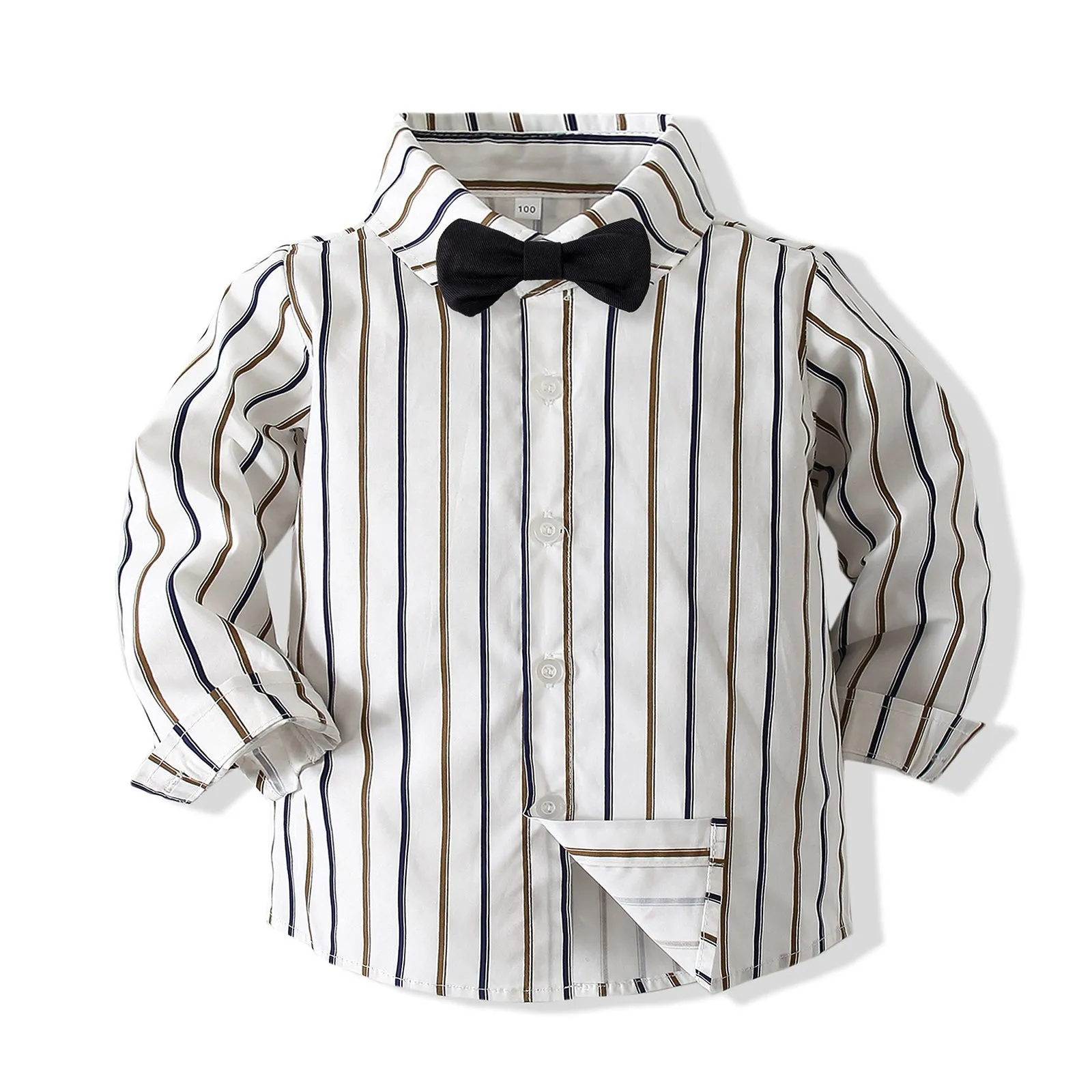 2 Pieces Set Baby Kid Boys Dressy Solid Color Bow Shirts And Striped Jumpsuits Wholesale 220425252