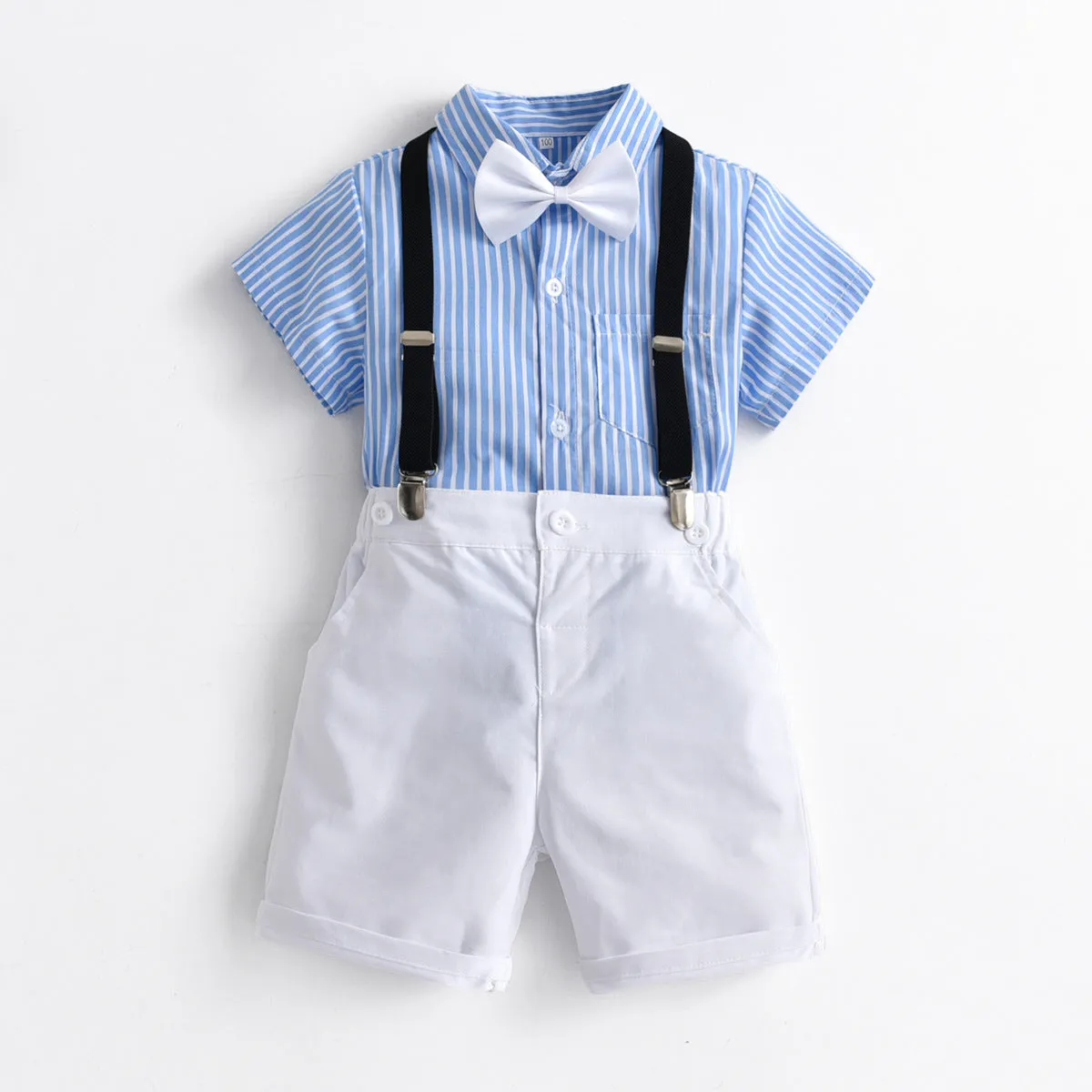 2 Pieces Set Baby Kid Boys Dressy Striped Bow Shirts And Solid Color Shorts Suits Wholesale 220531123