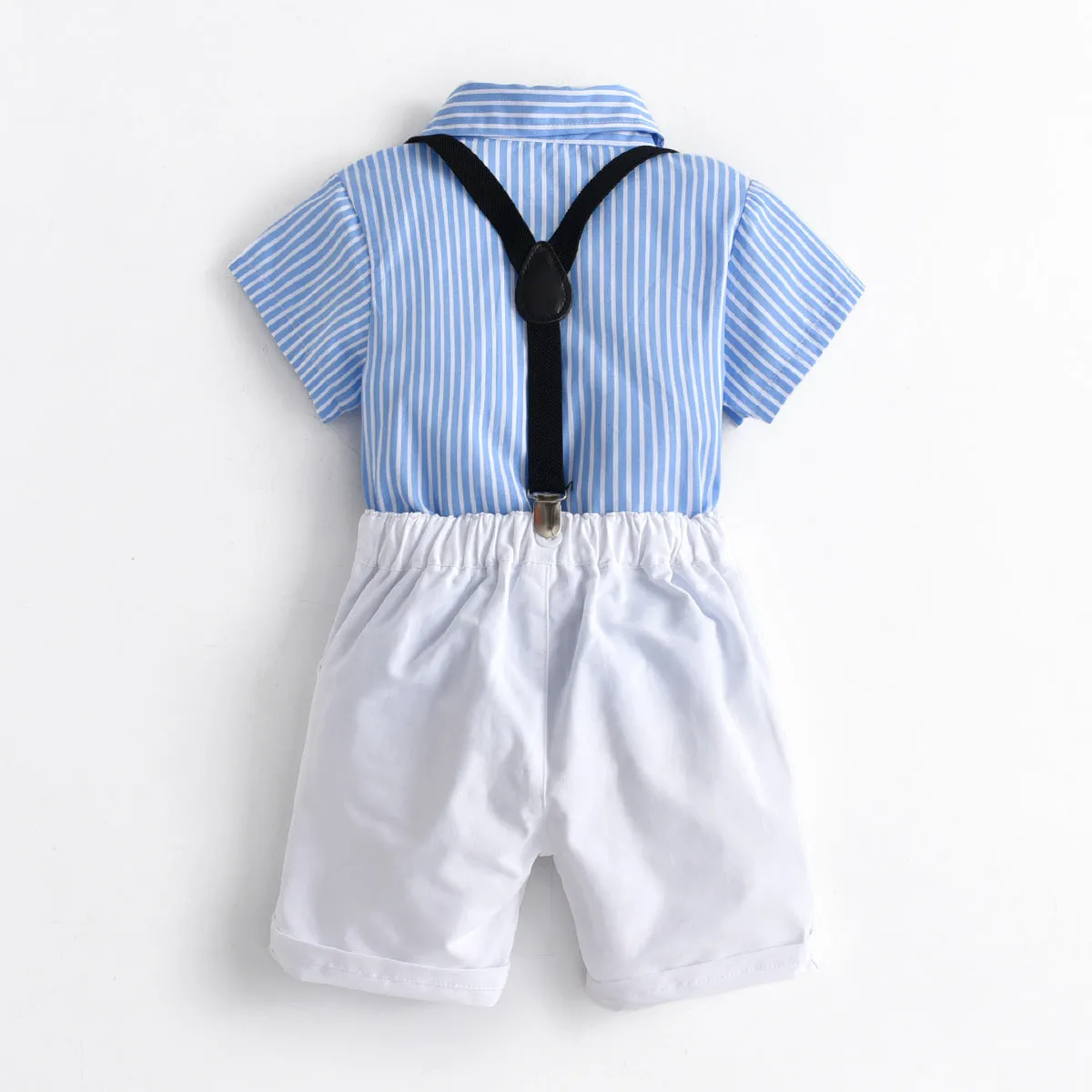 2 Pieces Set Baby Kid Boys Dressy Striped Bow Shirts And Solid Color Shorts Suits Wholesale 220531123