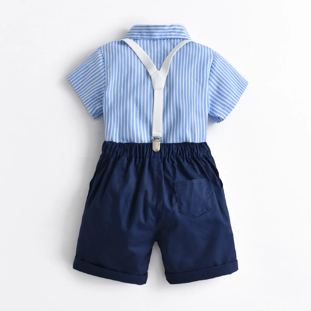 2 Pieces Set Baby Kid Boys Dressy Striped Bow Shirts And Solid Color Shorts Suits Wholesale 220531123
