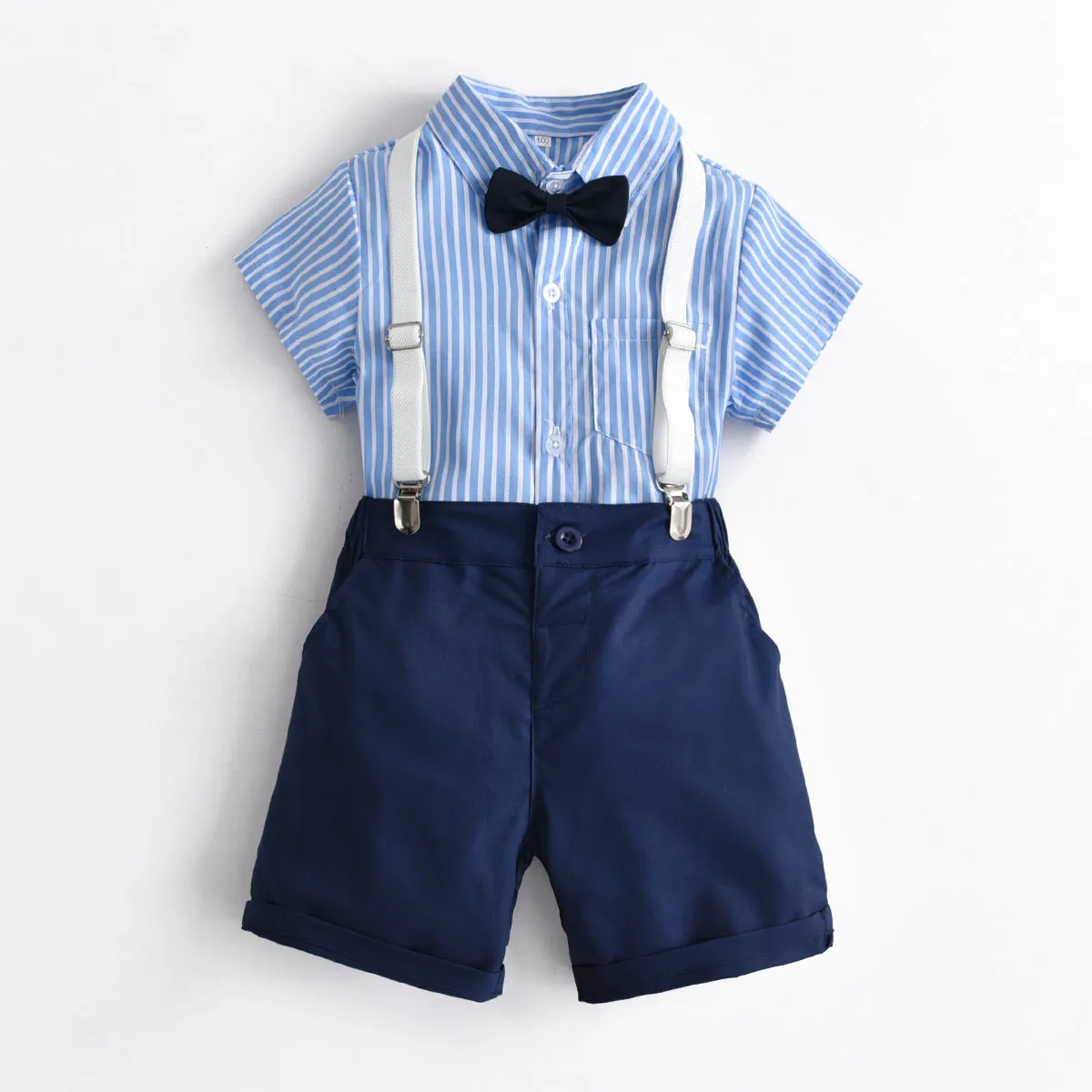 2 Pieces Set Baby Kid Boys Dressy Striped Bow Shirts And Solid Color Shorts Suits Wholesale 220531123