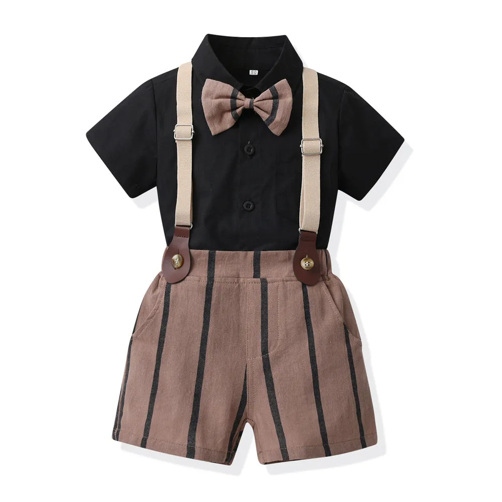 2 Pieces Set Baby Kid Boys Solid Color Bow Shirts And Striped Rompers Wholesale 230411148