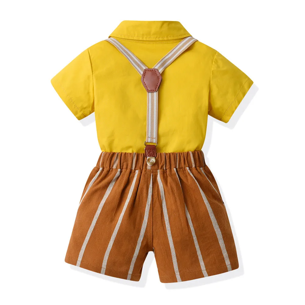 2 Pieces Set Baby Kid Boys Solid Color Bow Shirts And Striped Rompers Wholesale 230411148