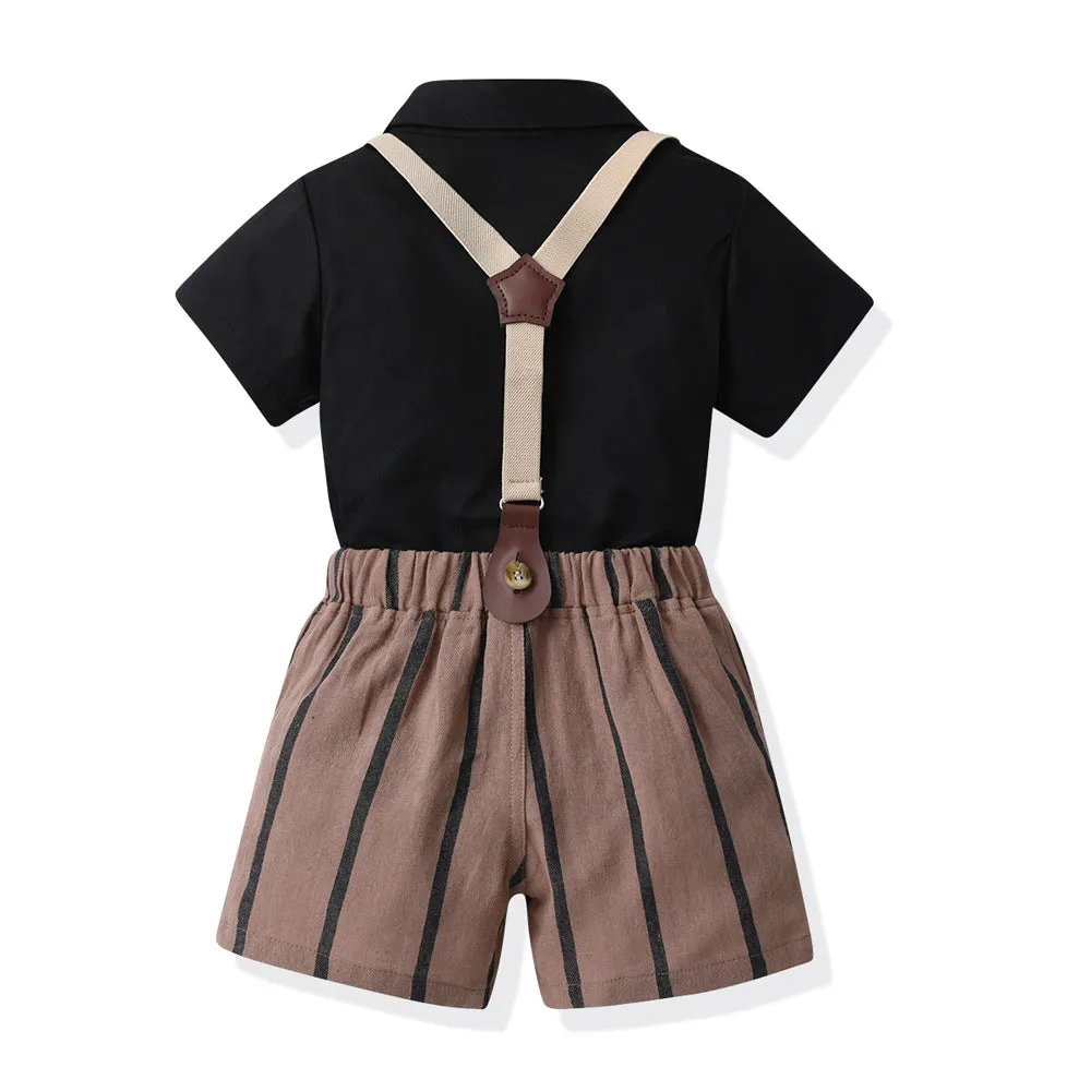 2 Pieces Set Baby Kid Boys Solid Color Bow Shirts And Striped Rompers Wholesale 230411148