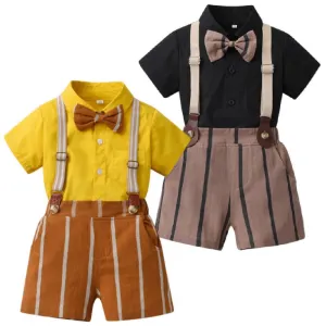 2 Pieces Set Baby Kid Boys Solid Color Bow Shirts And Striped Rompers Wholesale 230411148
