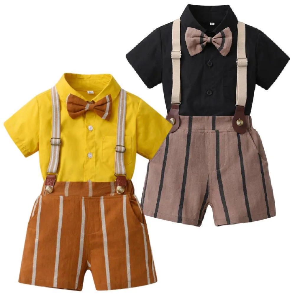 2 Pieces Set Baby Kid Boys Solid Color Bow Shirts And Striped Rompers Wholesale 230411148