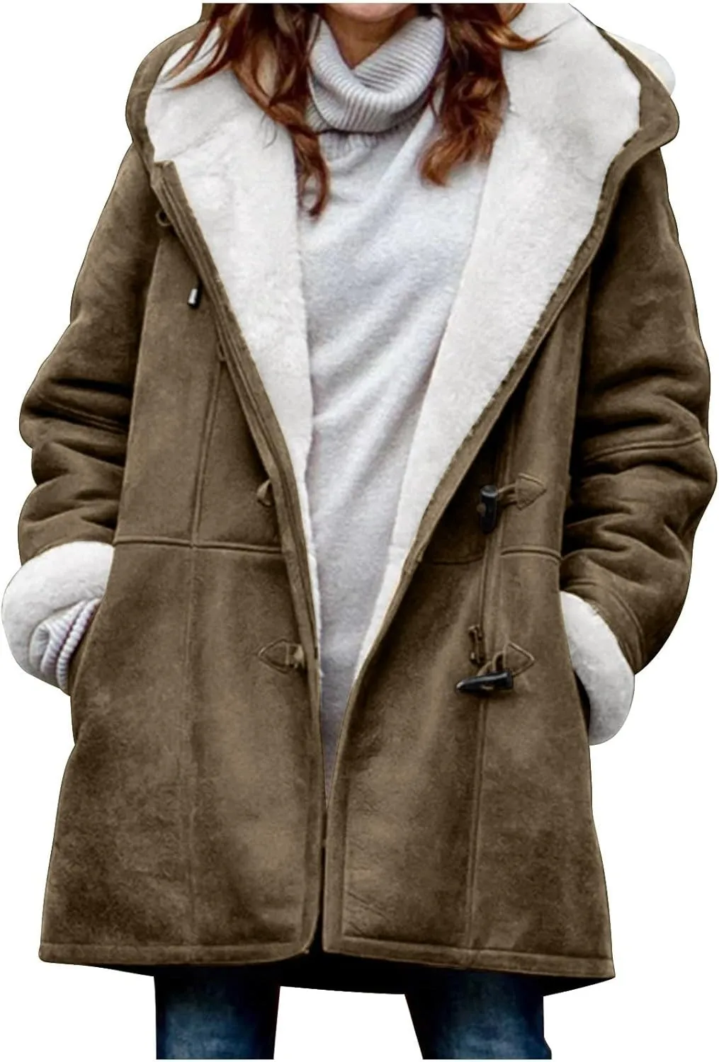 2024 Plus Size Winter Coats for Women Casual Fleece Sherpa Lined Jackets Trendy Shearling Suede Pea Coats