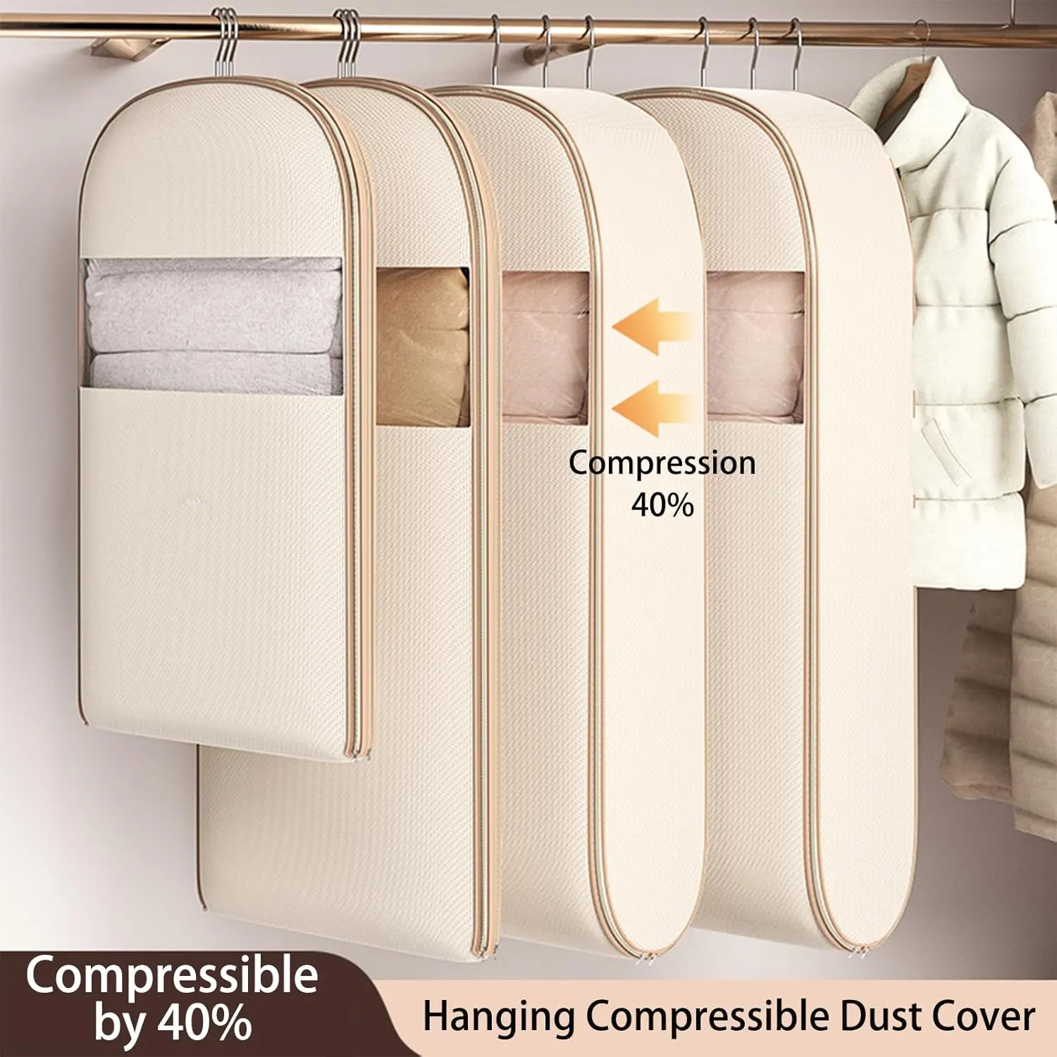 2025 Space Saving Hanging Garment Bag with Self Compression Zipper - Garment Bags for Hanging Clothes, Dustproof, Wrinkle-Free Storage Solution, Great for Closet, Wardrobe & Travel (White, M)