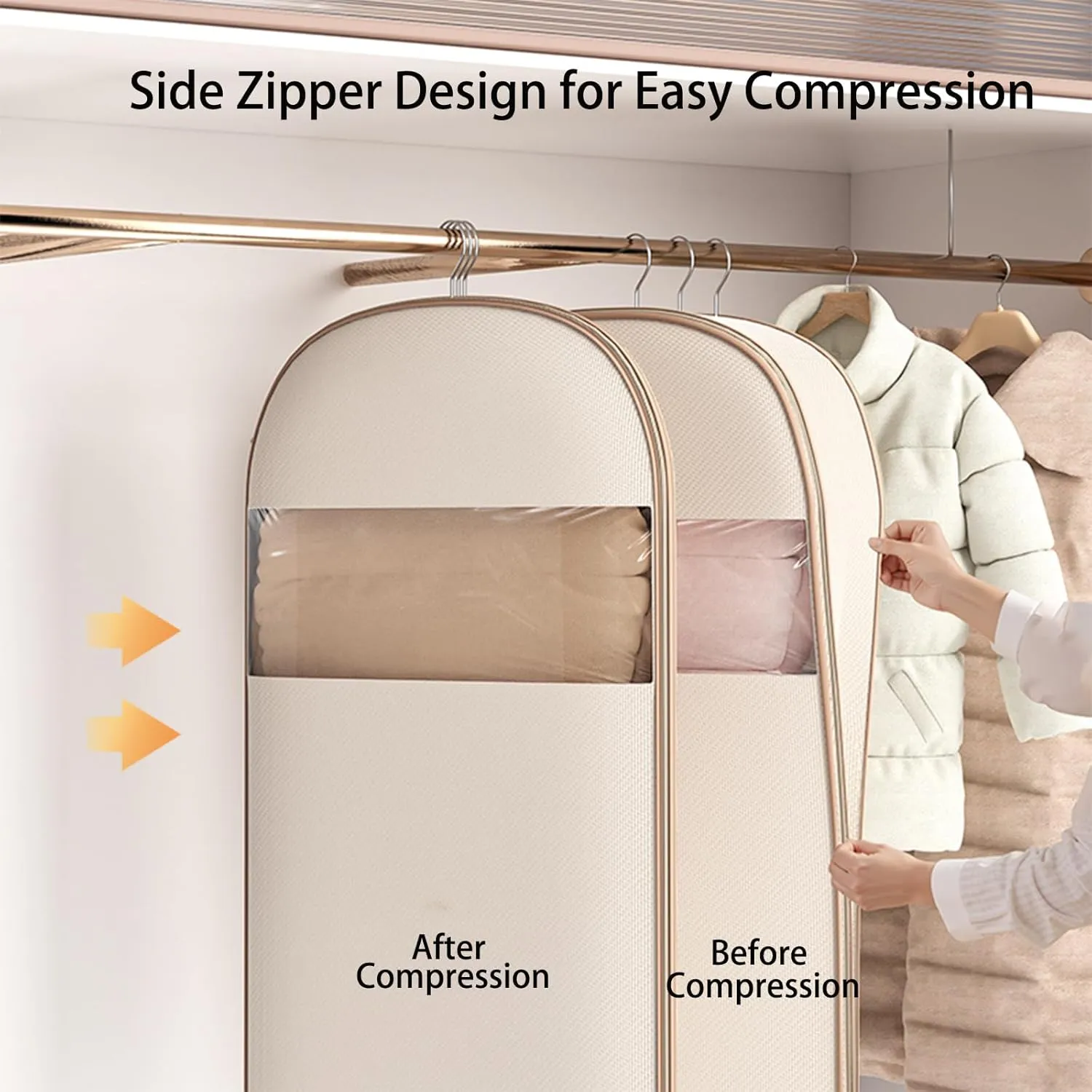 2025 Space Saving Hanging Garment Bag with Self Compression Zipper - Garment Bags for Hanging Clothes, Dustproof, Wrinkle-Free Storage Solution, Great for Closet, Wardrobe & Travel (White, M)