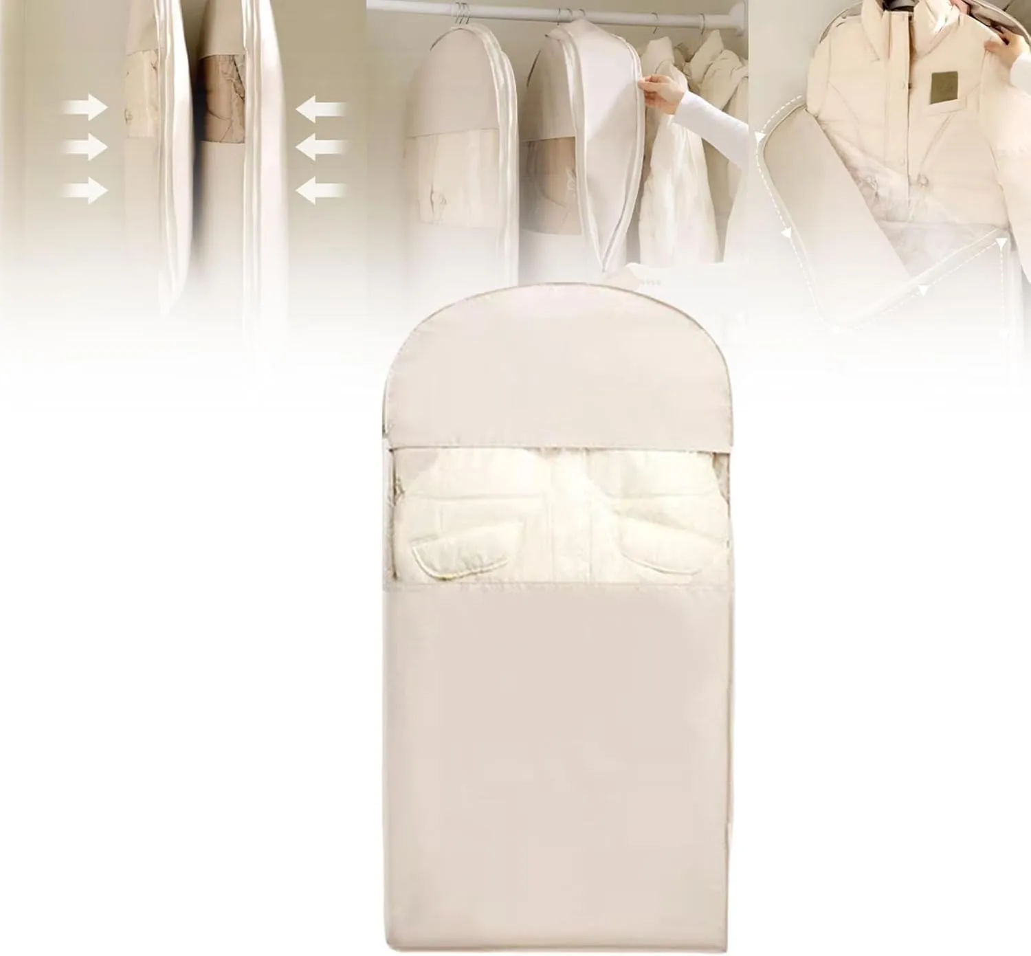 2025 Space Saving Hanging Garment Bag with Self Compression Zipper, Space Saver Closet Organizers, Dustproof Clothes Covers For Down Coat (Beige, L(110 * 58 * 15cm))