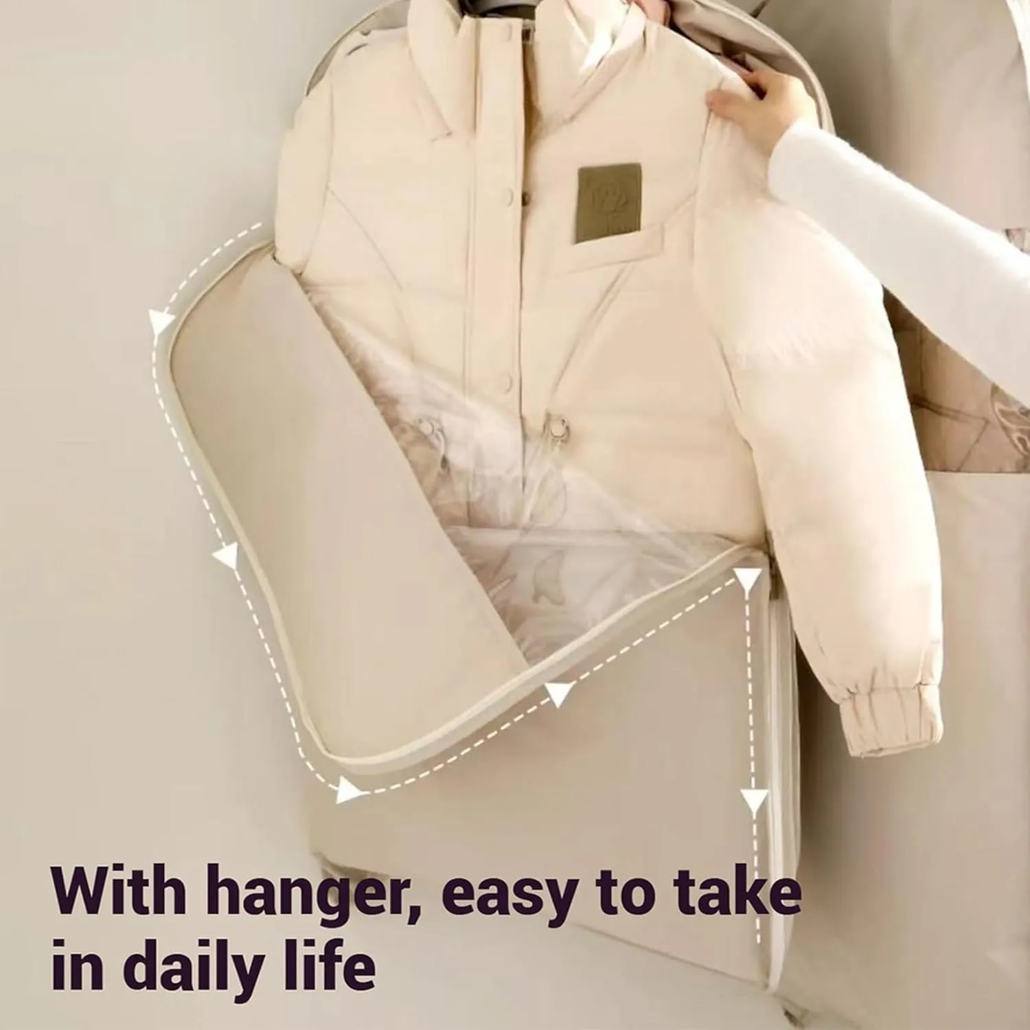 2025 Space Saving Hanging Garment Bag with Self Compression Zipper, Space Saver Closet Organizers, Dustproof Clothes Covers For Down Coat (Beige, M(90 * 58 * 15cm))