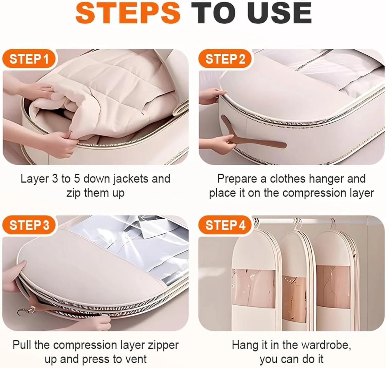 2025 Space Saving Hanging Garment Bag with Self Compression Zipper, Space Saver Closet Organizers, Dustproof Clothes Covers For Down Coat (Beige, M(90 * 58 * 15cm))