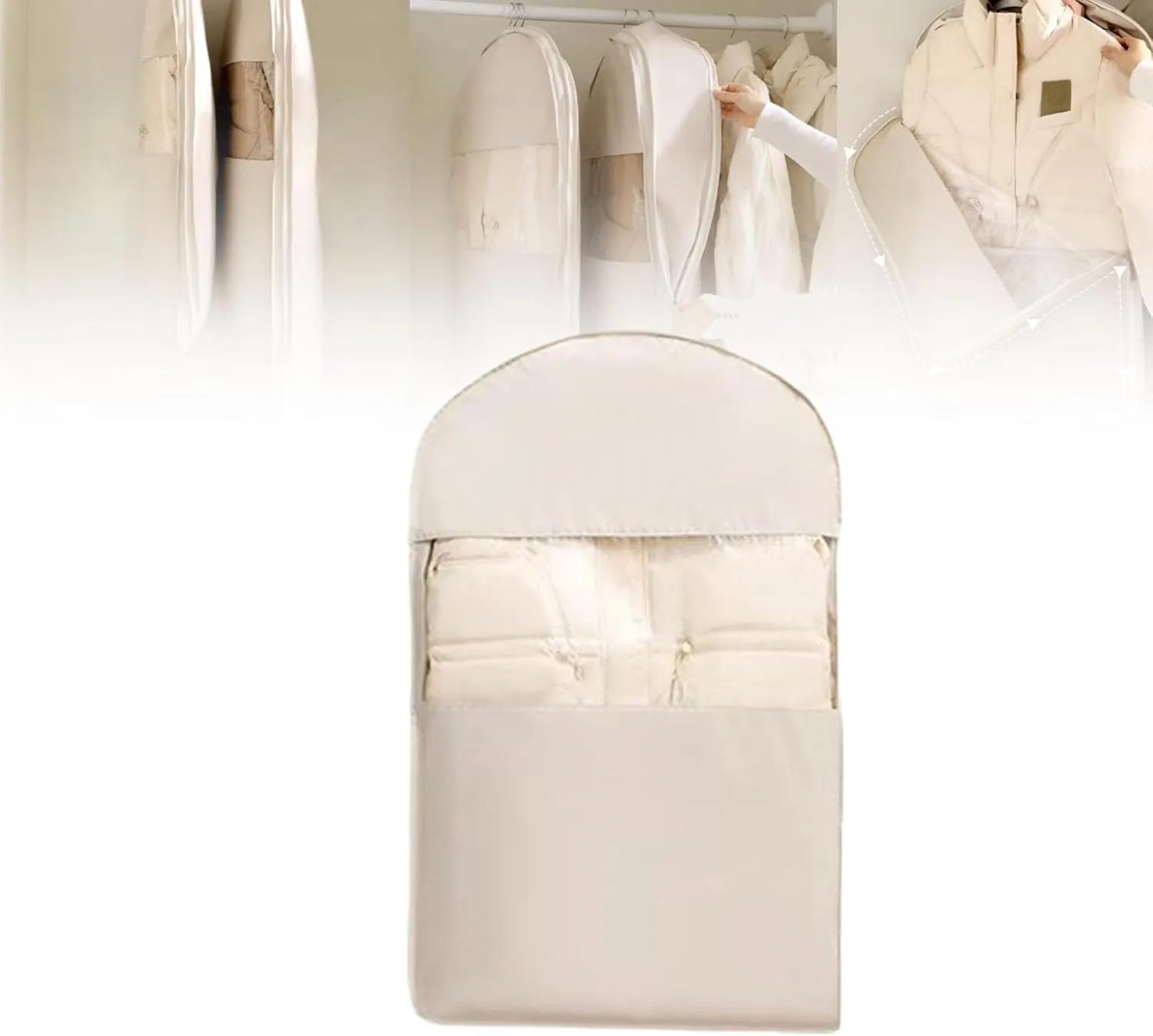 2025 Space Saving Hanging Garment Bag with Self Compression Zipper, Space Saver Closet Organizers, Dustproof Clothes Covers For Down Coat (Beige, M(90 * 58 * 15cm))