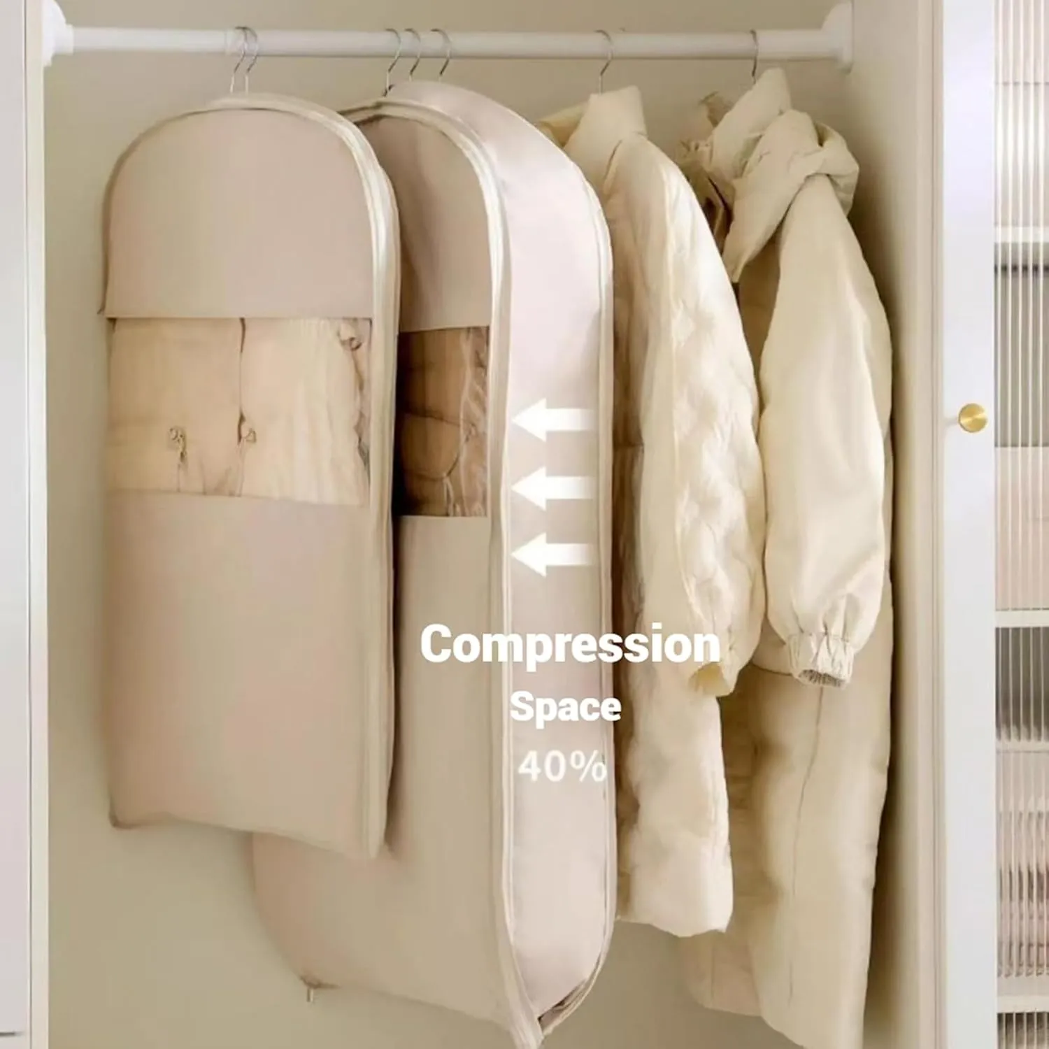 2025 Space Saving Hanging Garment Bag with Self Compression Zipper, Space Saver Closet Organizers, Dustproof Clothes Covers For Down Coat (Beige, M(90 * 58 * 15cm))
