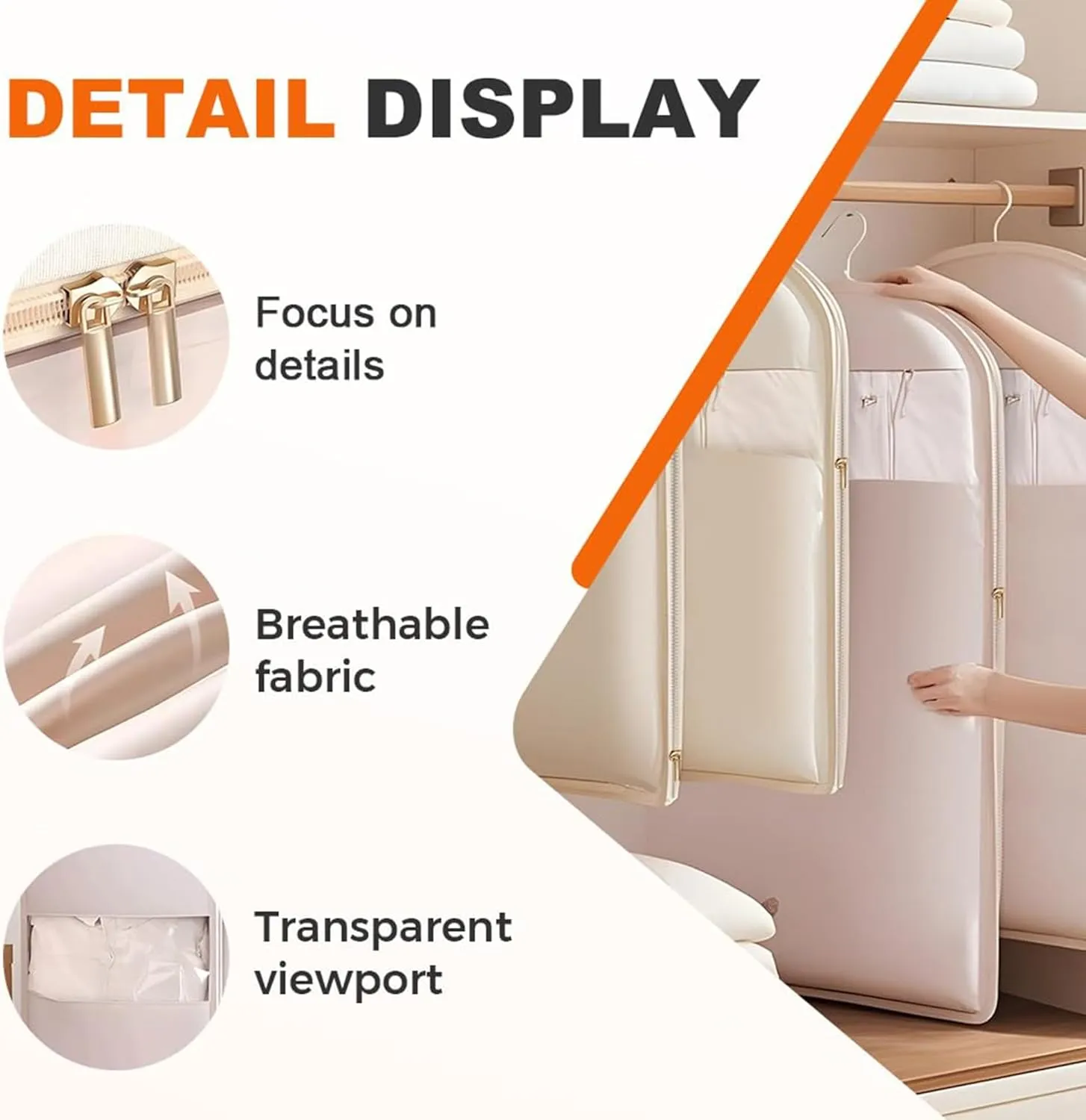 2025 Space Saving Hanging Garment Bag with Self Compression Zipper, Space Saver Closet Organizers, Dustproof Clothes Covers For Down Coat (Beige, M(90 * 58 * 15cm))