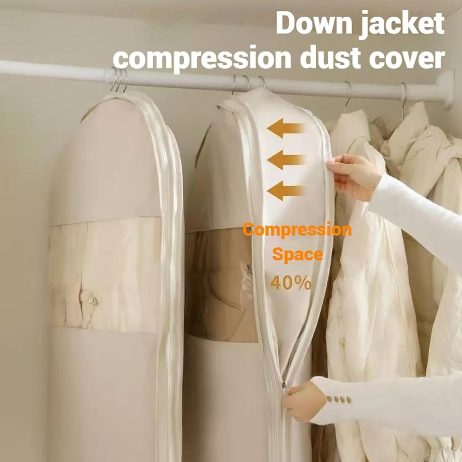 2025 Space Saving Hanging Garment Bag with Self Compression Zipper, Space Saver Closet Organizers, Dustproof Clothes Covers For Down Coat (Beige, M(90 * 58 * 15cm))
