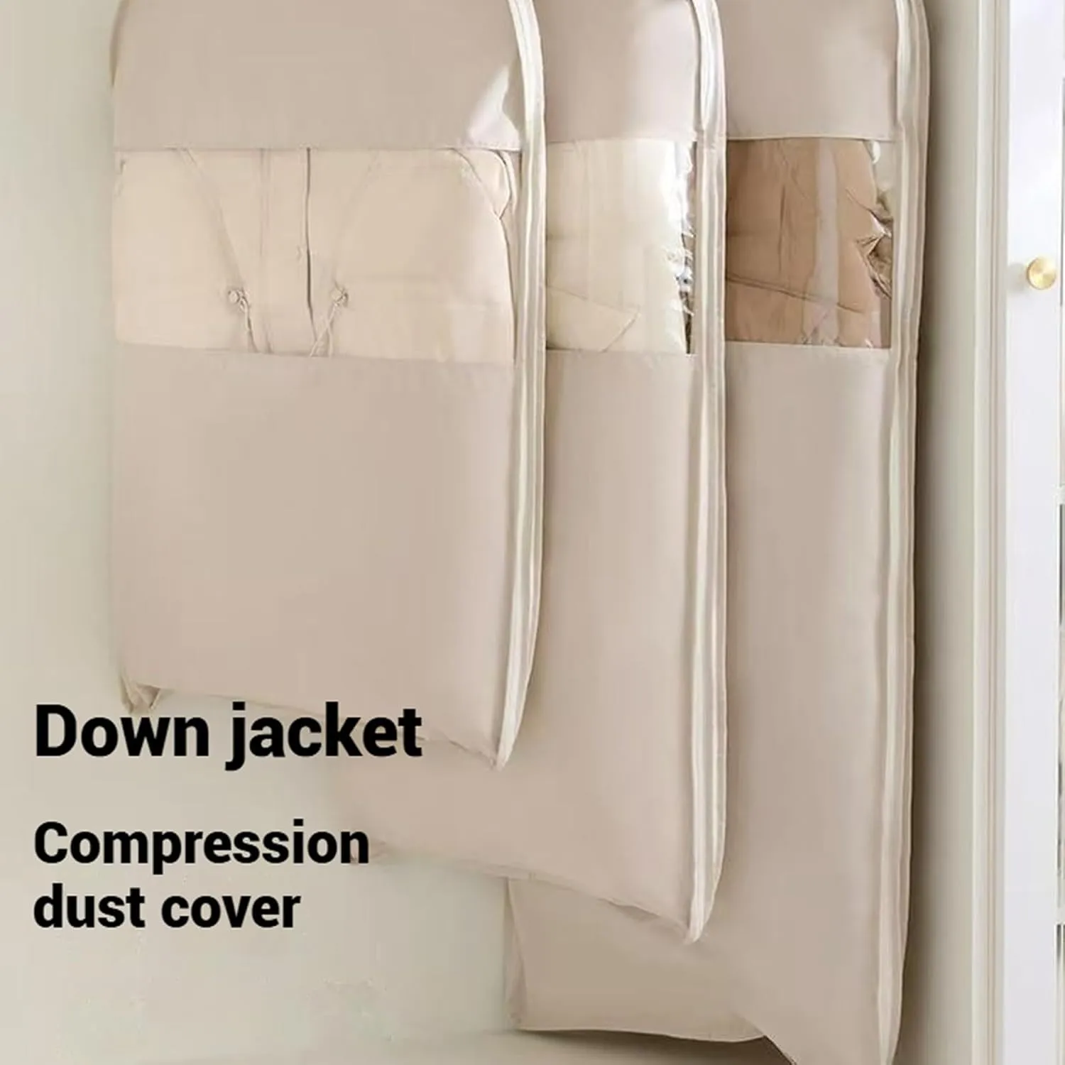 2025 Space Saving Hanging Garment Bag with Self Compression Zipper, Space Saver Closet Organizers, Dustproof Clothes Covers For Down Coat (Beige, M(90 * 58 * 15cm))