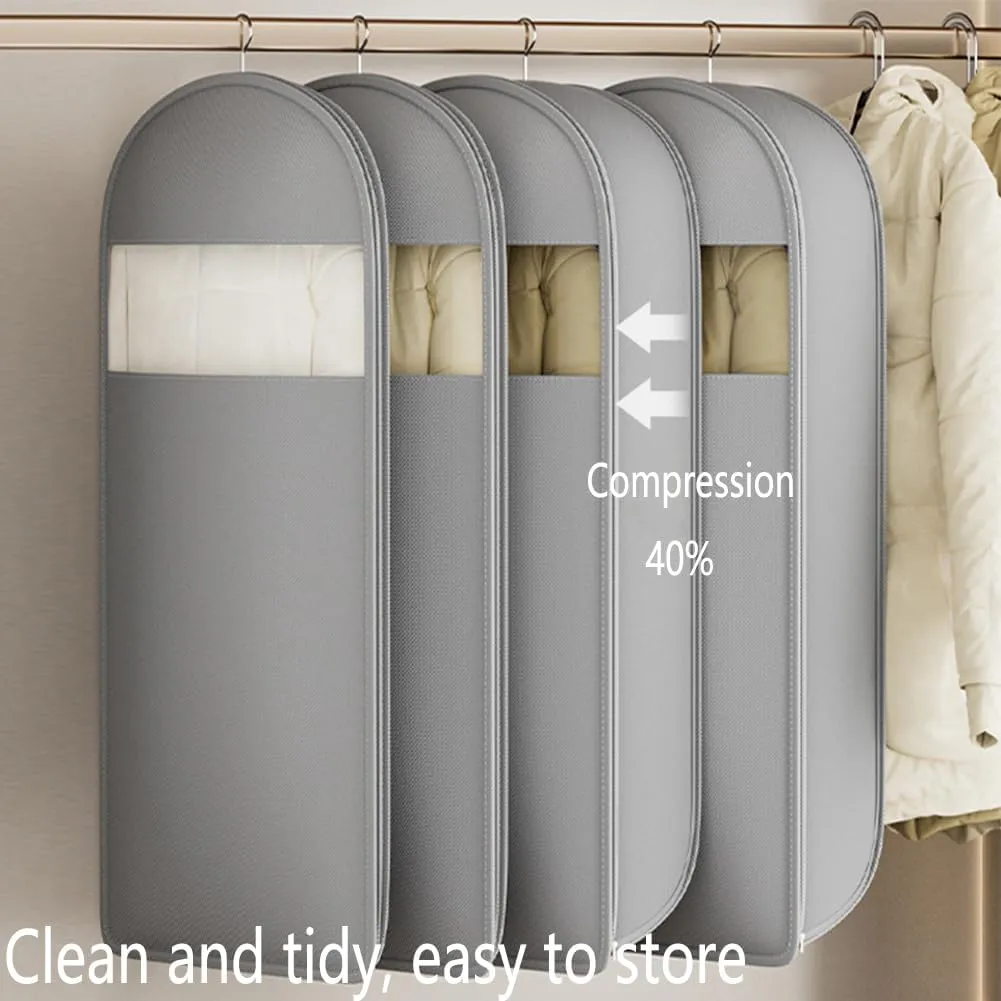 2025 Space Saving Hanging Garment Bag with Self Compression Zipper, Splash-Proof Water Luggage Bags Compression, Large Fabric Clothes Protectors Bags for Hanging Clothes Travel (Gray)