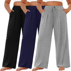 3 Pack Women's Plus Size Lounge Pants Modal Wide Leg Yoga Pants with Pockets Drawstring Baggy Sweatpant Jogger
