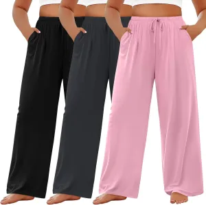 3 Pack Women's Plus Size Lounge Pants Modal Wide Leg Yoga Pants with Pockets Drawstring Baggy Sweatpant Jogger