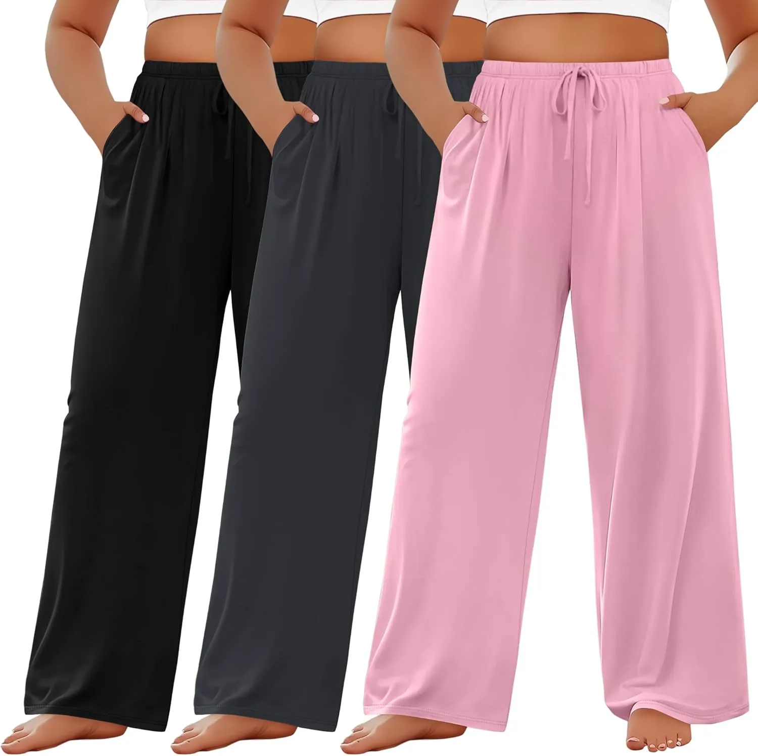 3 Pack Women's Plus Size Lounge Pants Modal Wide Leg Yoga Pants with Pockets Drawstring Baggy Sweatpant Jogger