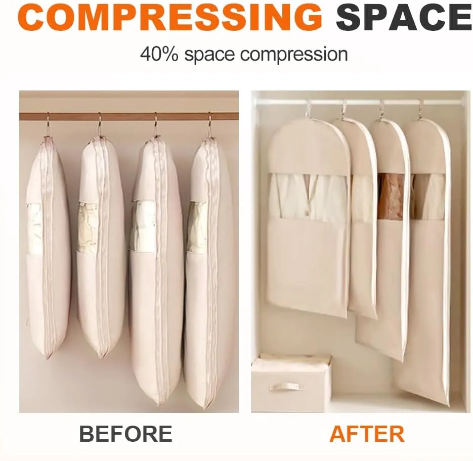 3 PCS 35"/43"/52" Long Space Saving Hanging Garment Bag with Self Compression Zipper,Compression Garment Bags for Hanging Clothes Dress Suit,Hanging Vacuum Storage Sealer Bag(Oatmeal, XL)