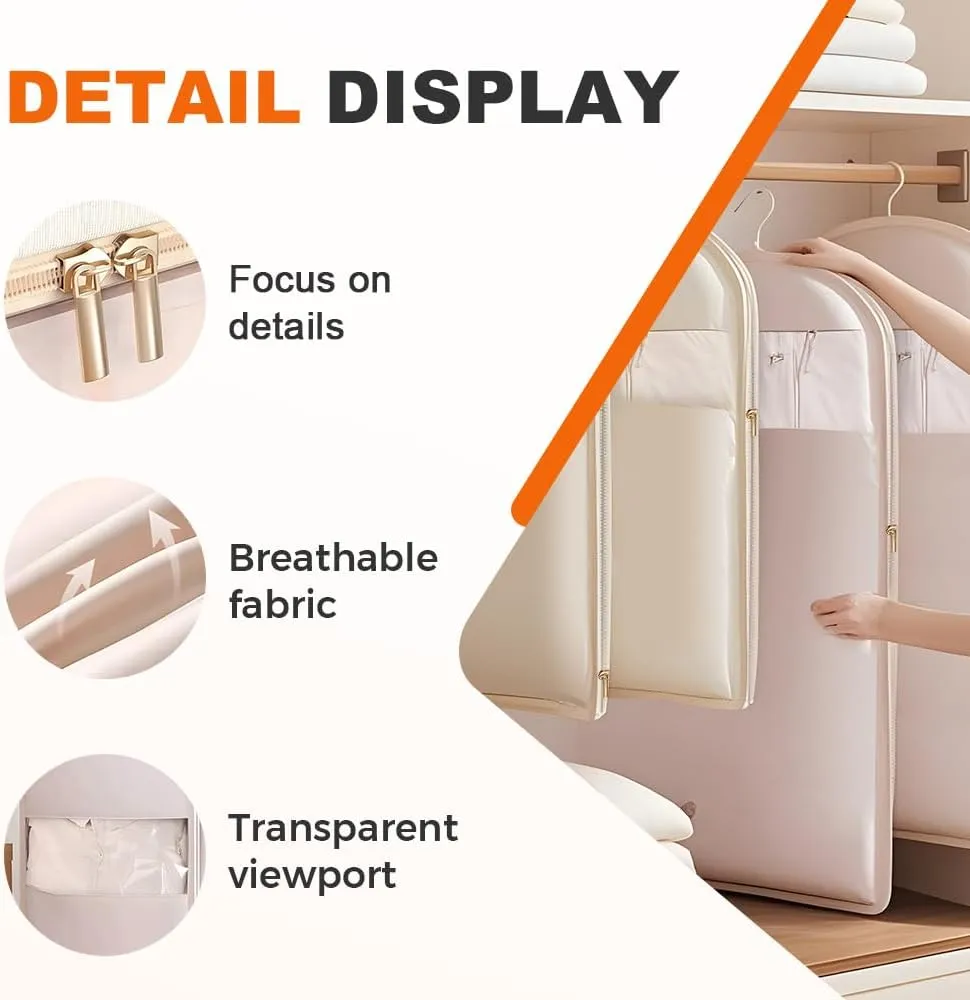 3 PCS 35"/43"/52" Long Space Saving Hanging Garment Bag with Self Compression Zipper,Compression Garment Bags for Hanging Clothes Dress Suit,Hanging Vacuum Storage Sealer Bag(Oatmeal, XL)