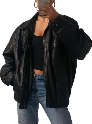 80's Vintage Women Oversized Bomber Leather Jacket - Ladies Retro Style Outerwear