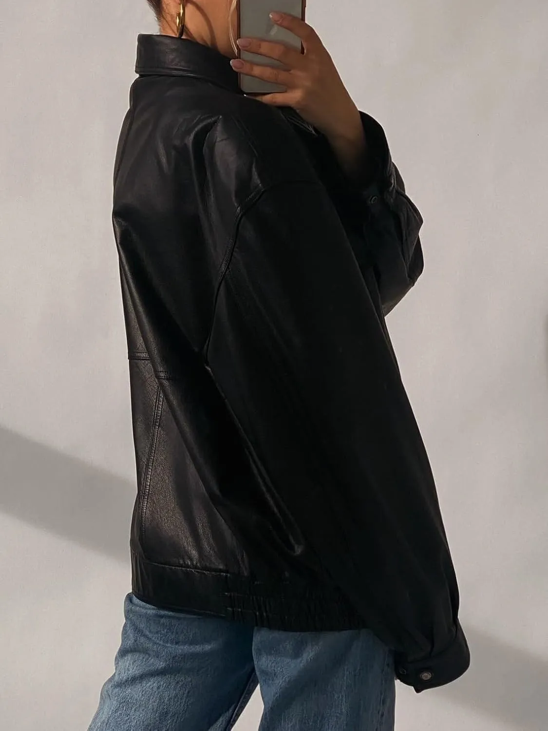 80's Vintage Women Oversized Bomber Leather Jacket - Ladies Retro Style Outerwear