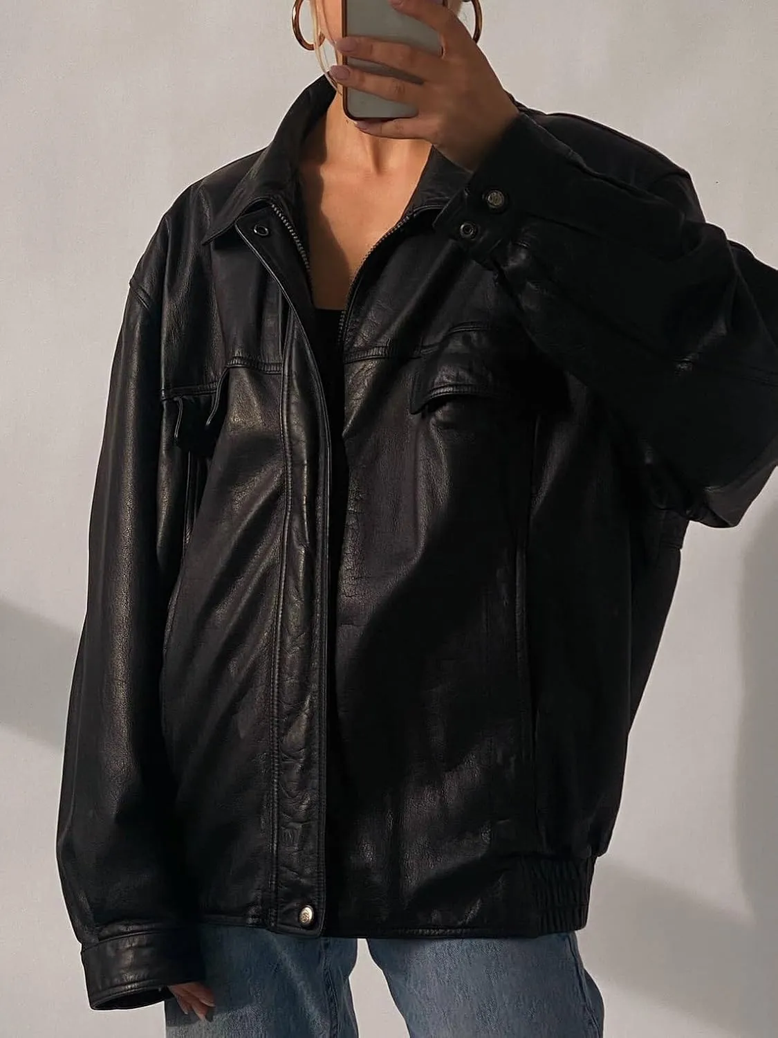 80's Vintage Women Oversized Bomber Leather Jacket - Ladies Retro Style Outerwear