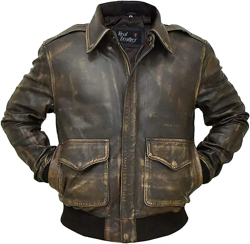 A2 Airforce Mens Leather Jacket - Distressed Brown Sheepskin Leather Jacket Adult - Aviator Bomber Outerwear